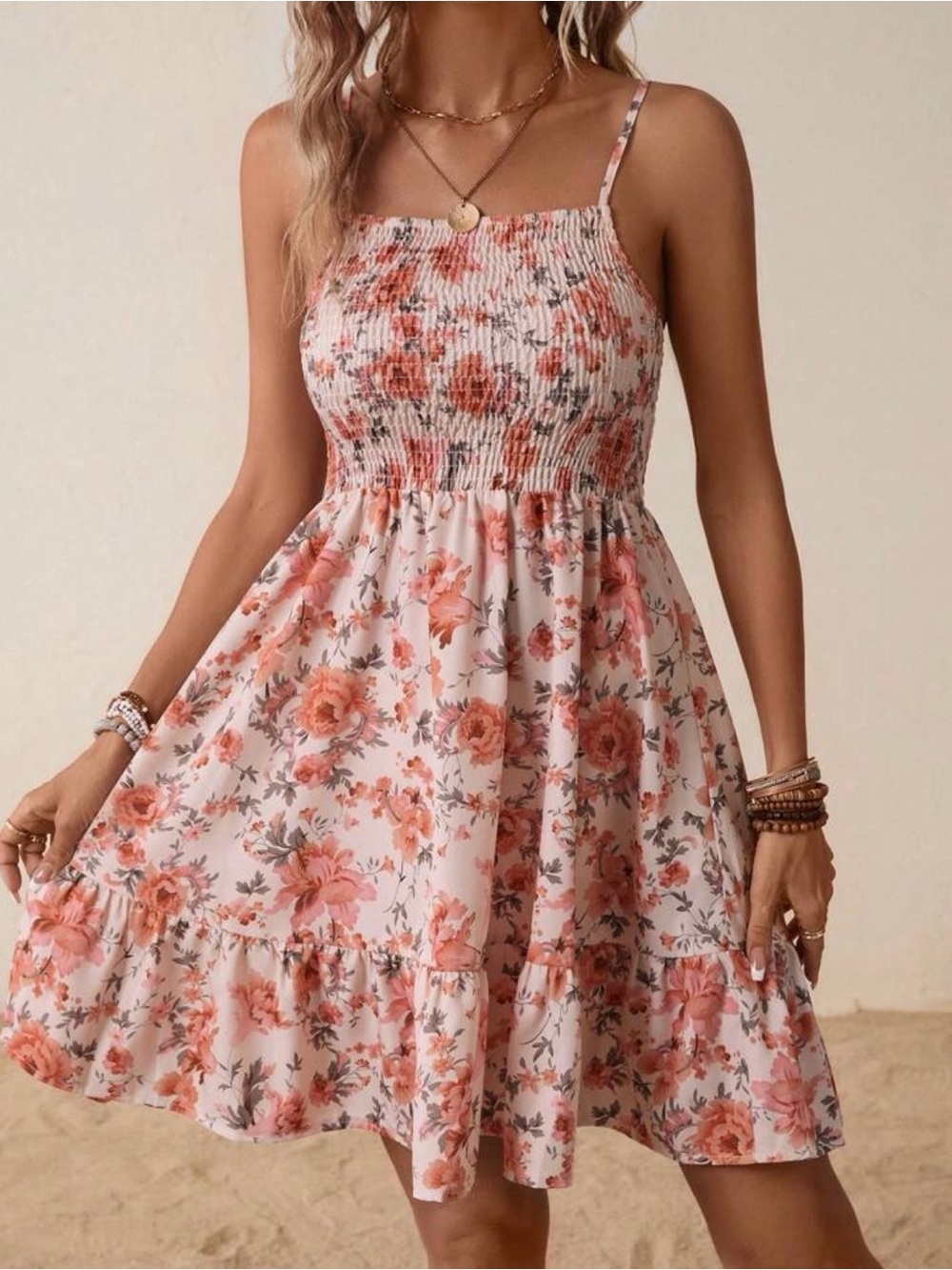 SHEIN Peach Floral Smocked Mini Dress with Ruffle Hem